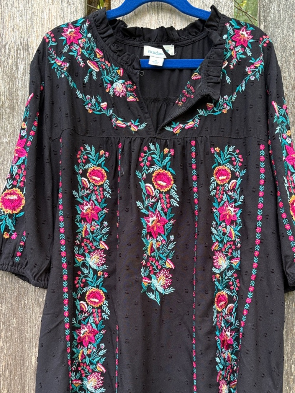 Sundance Brand Black Tunic with Pink & Teal Floral Embroidery